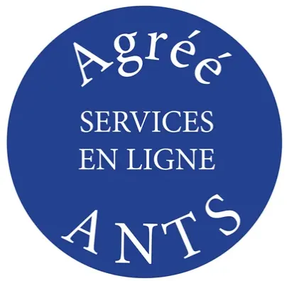 Logo rond bleu indiquant un agrément ANTS pour les services en ligne, utilisé par Amandine Donato, photographe à Josselin, pour les photos d’identité officielles.