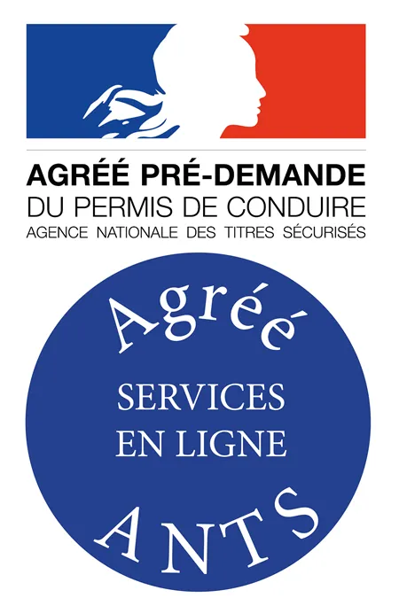Logo de l'ANTS indiquant un agrément pour la pré-demande du permis de conduire en ligne.